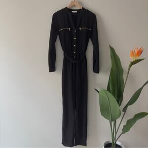 Calvin Klein Black Button-Up Front Jumpsuit Gold Accents Zipper Pockets Tie Belt